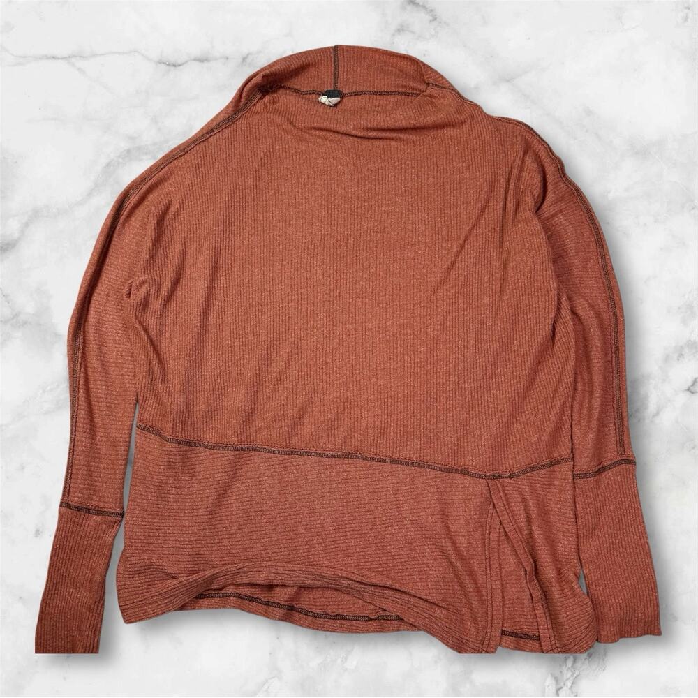 FREE PEOPLE Acorn Brown Londontown Large Cotton Blend Thermal Asymmetrical Top